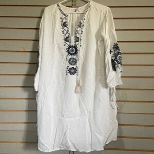 White Embroidered Tunic Dress‎ Bohemian Long Sleeve Tie Details Size M